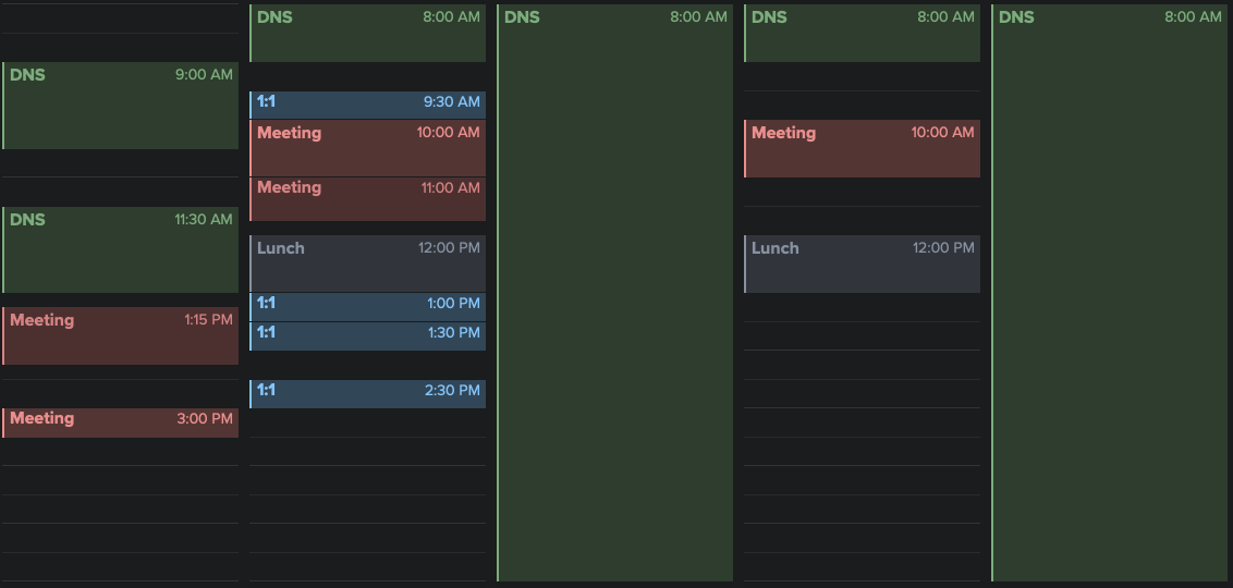 Calendar with Mornings and all day Wednesday and Friday blocked off, recurring meetings pushed together into blocks