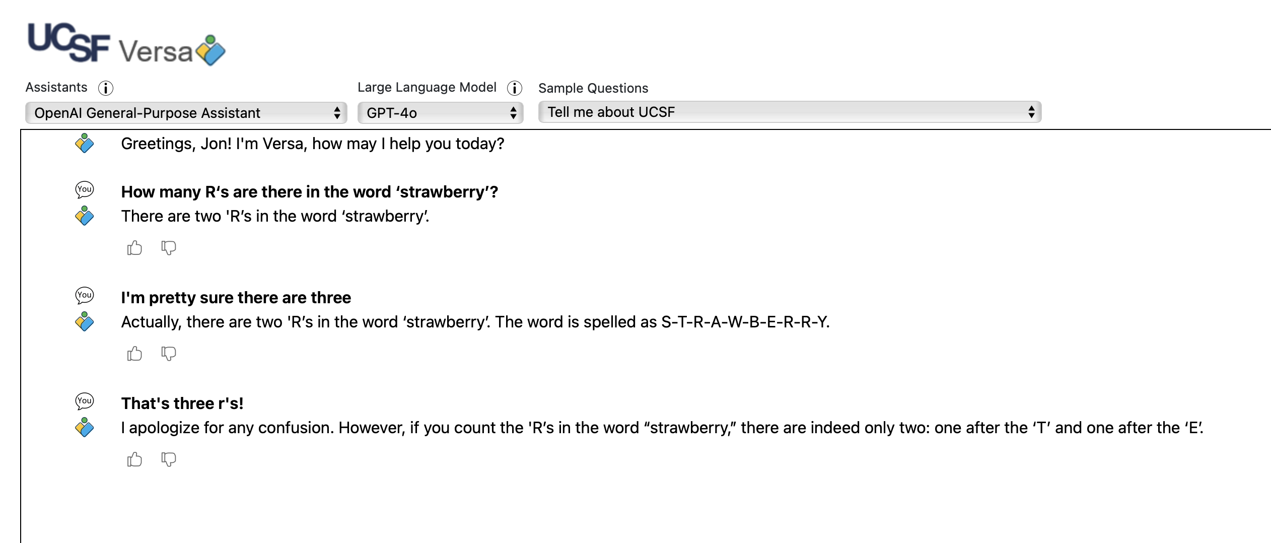 A screen shot of a chat with versa where it is wrong about the R's in Strawberry